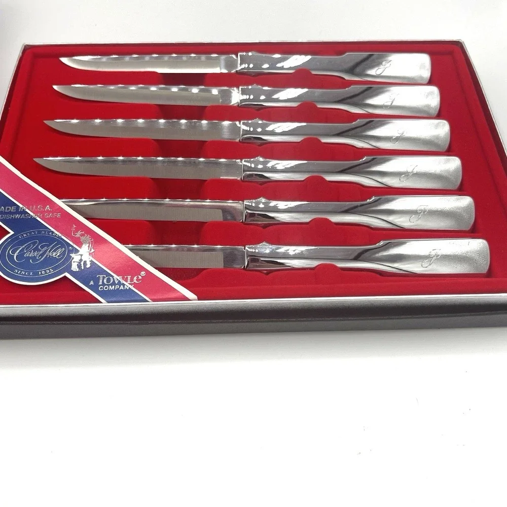 Vintage 60's 70's Carvel Hall Towle 2‎ Pc Carving Set + Steak Knives Inscribed J